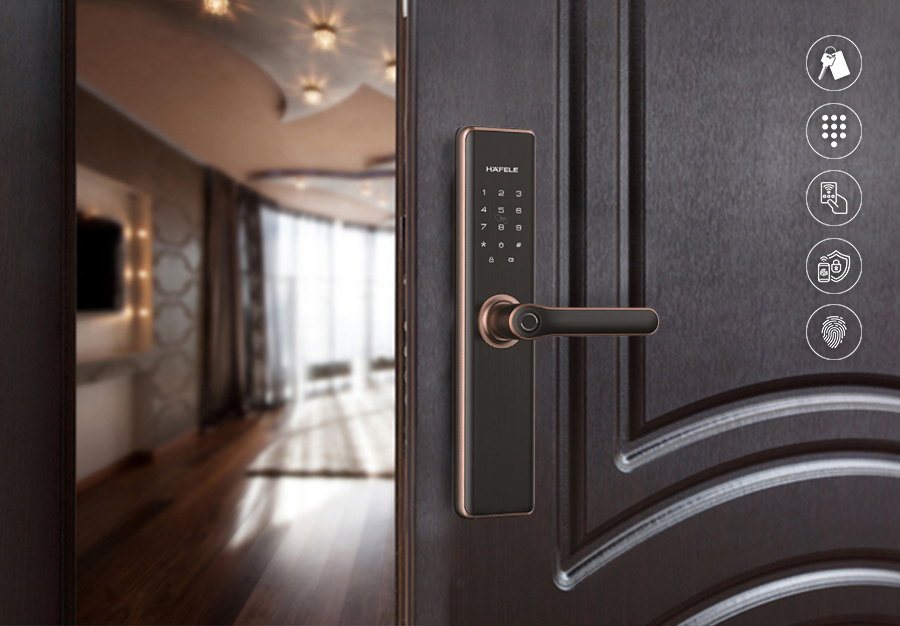 Hafele’s RE-Inforce Digital Lock installed on the black home door with features