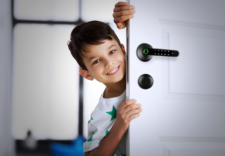 Smiling kid opening door installed with Hafele’s RE-Split Digital Lock